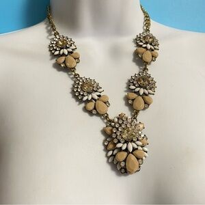 Statement Necklace Gold Tone Beige & Rhinestones